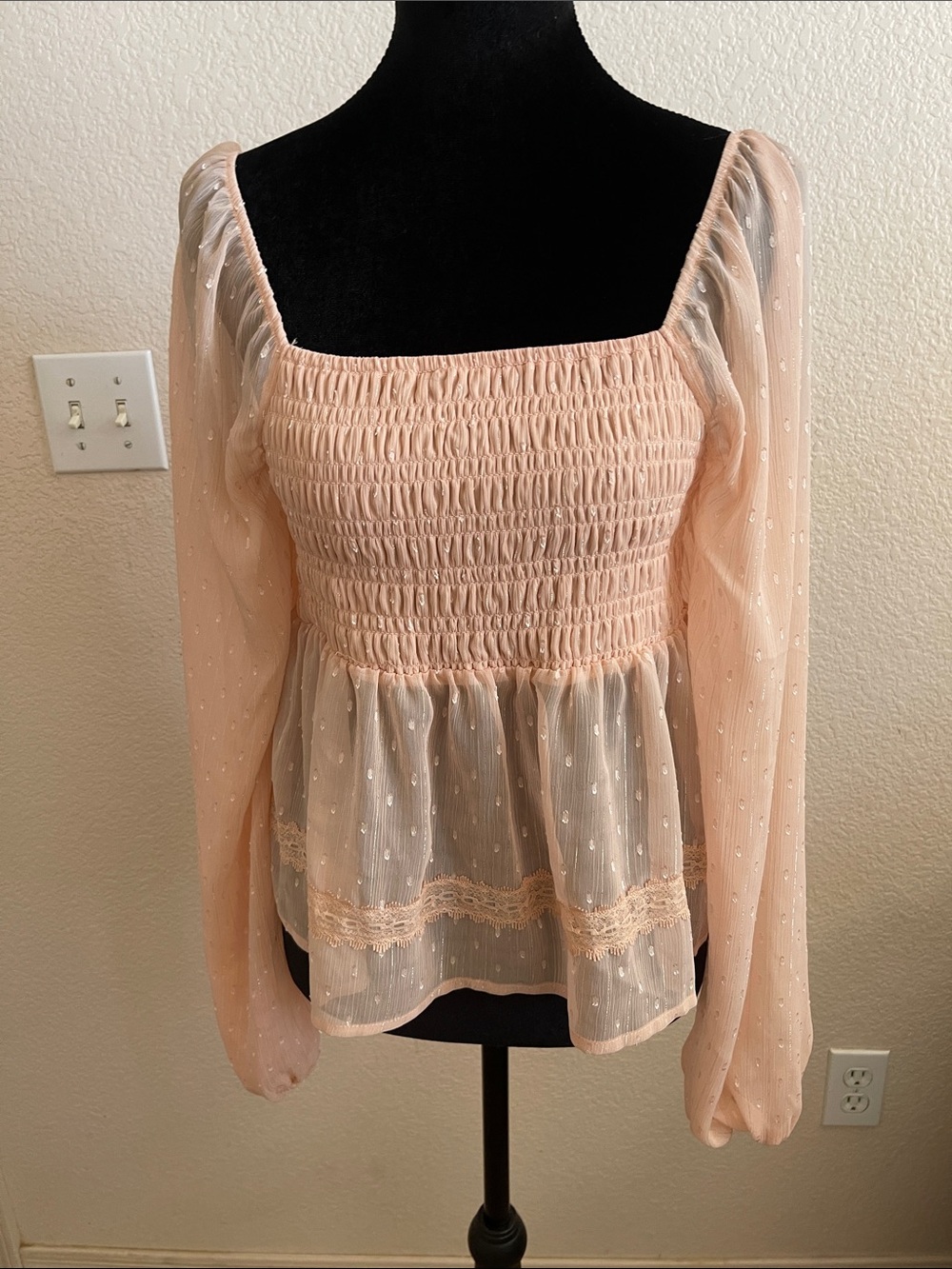 love, Fire Blush Pink Smocked Peplum Long-Sleeve Blouse